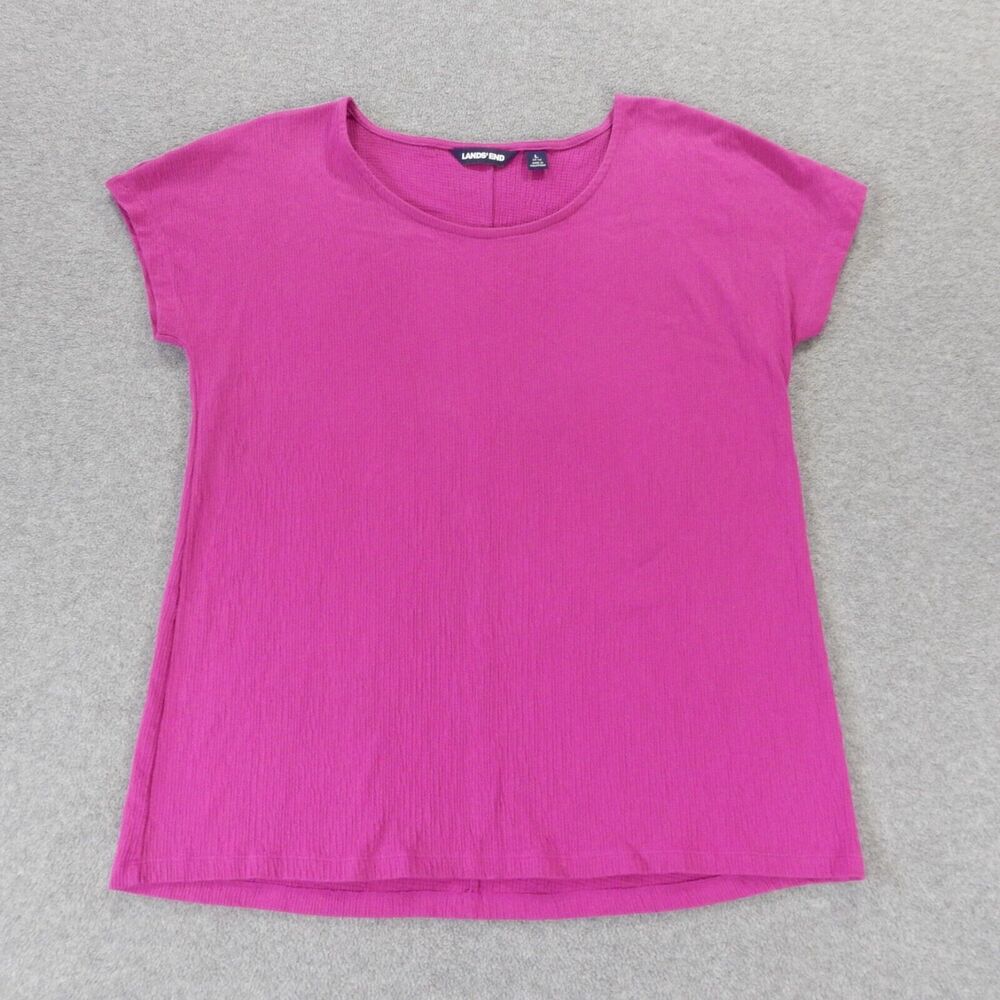Lands End Womens TShirt Large Pink Solid Bright Short Sleeve Stretch Long